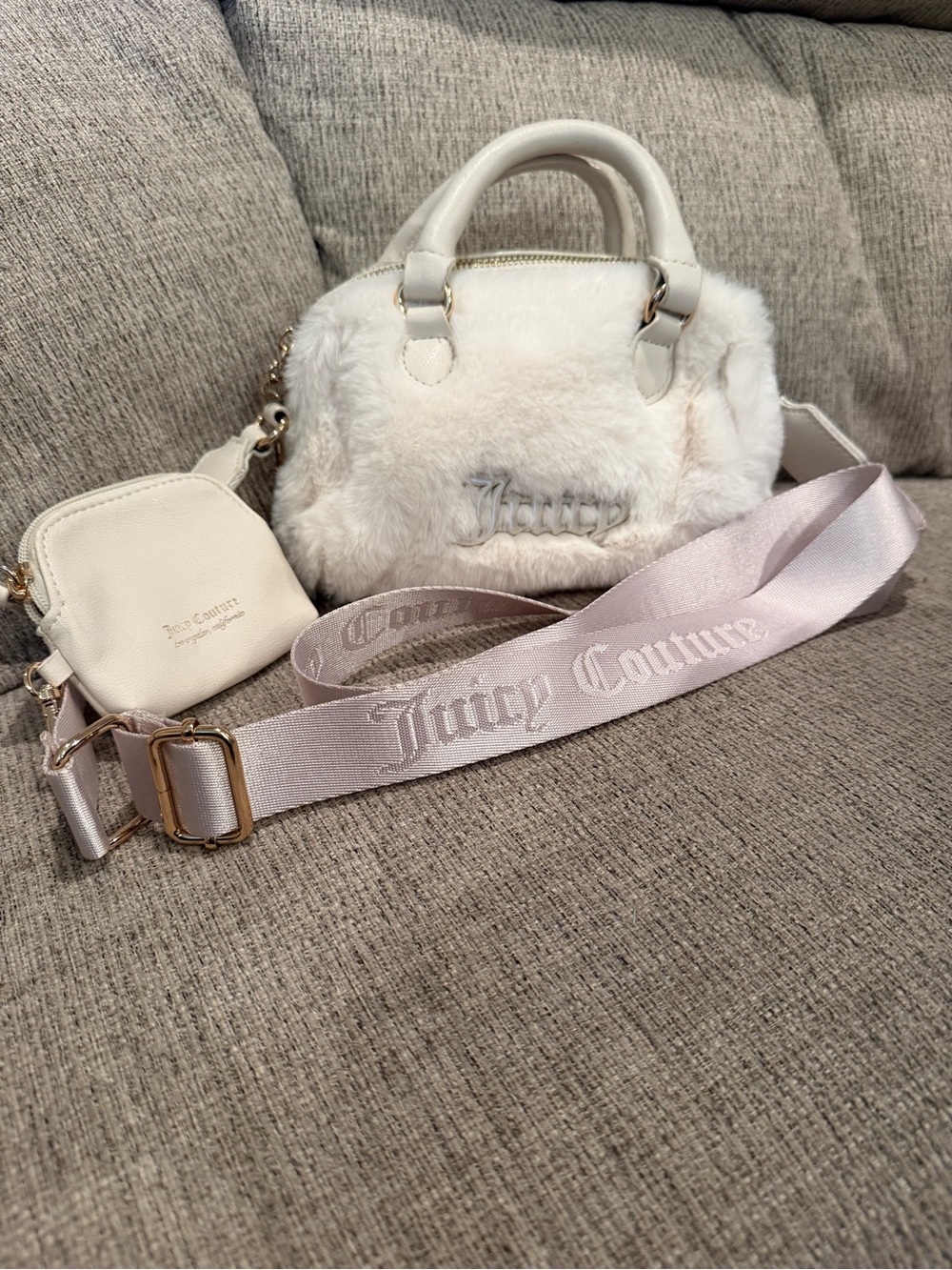 Juicy Couture Ivory Faux Fur Mini Satchel with Logo Strap & Mini Pouch